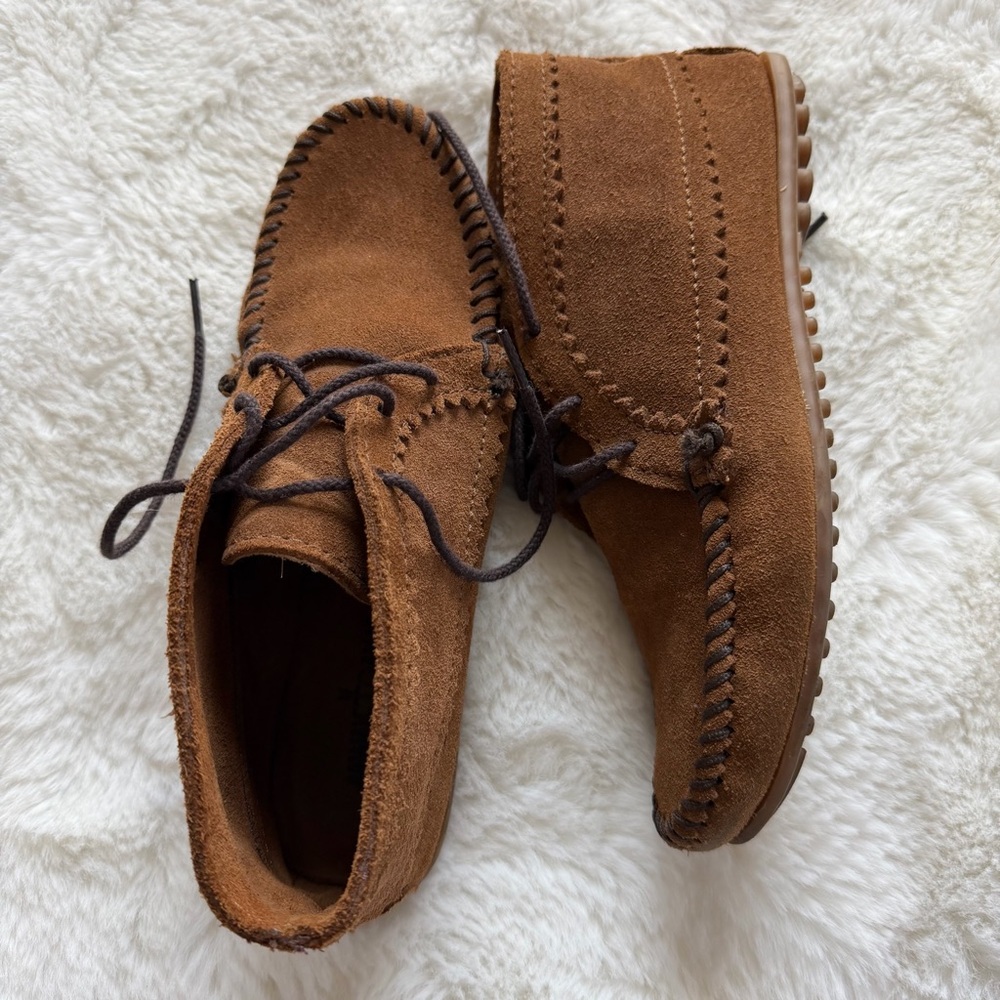 Minnetonka Suede Moccasin Ankle Boots Brown Size 8.5 Leather Lace - Picture 7 of 8